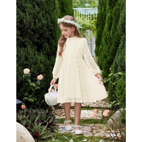 Girls Beige A-line Midi Dress with Ruffle Collar & Flared Sleeves - Sizes 5-13 - Picture 5 of 8